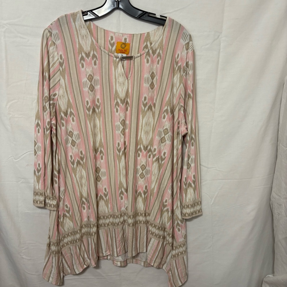 Ruby Rd. women's apparel tunic with a pink, beige, and gray ikat pattern.